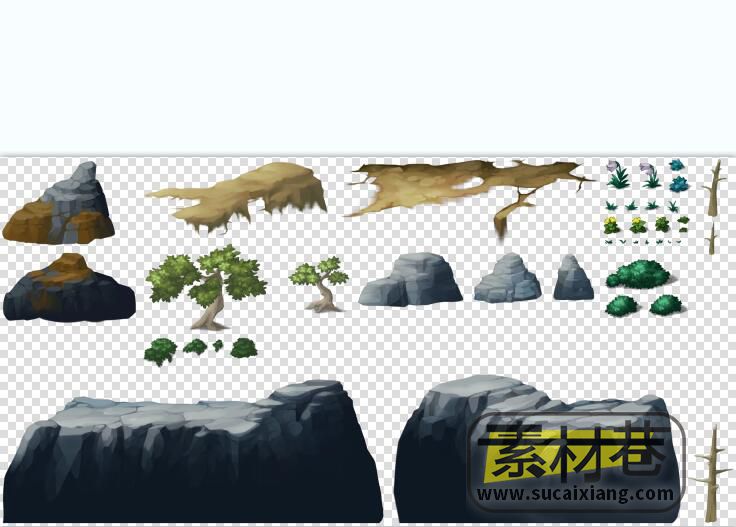 2d横版手绘风格游戏场景山石树木素材