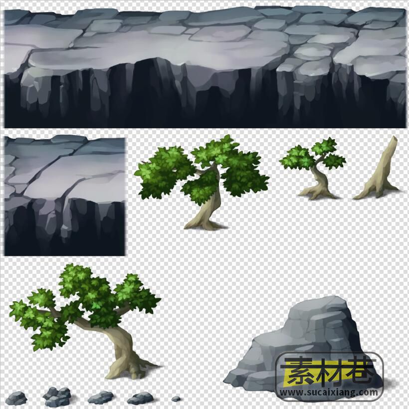 2d横版手绘风格游戏场景山石树木素材