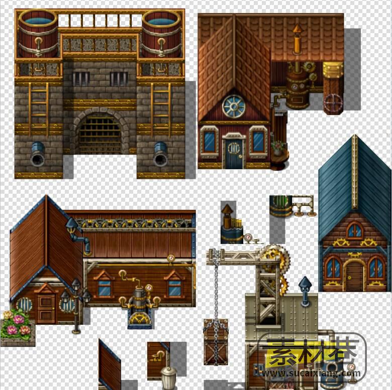 2D朋克风格RPG游戏房屋建筑与家具素材