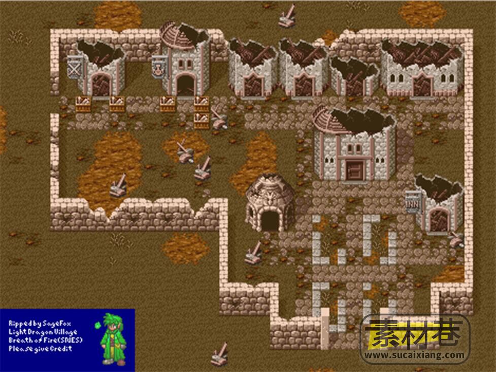 2D中世纪破损的房屋与城墙游戏素材