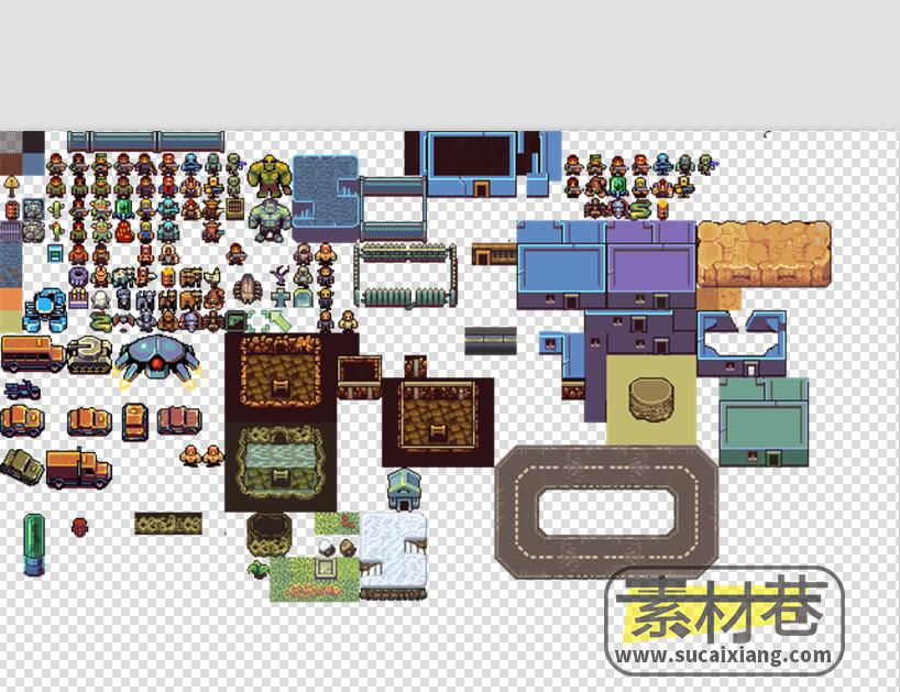 2D像素风格人物坦克卡车与地面瓷砖游戏素材