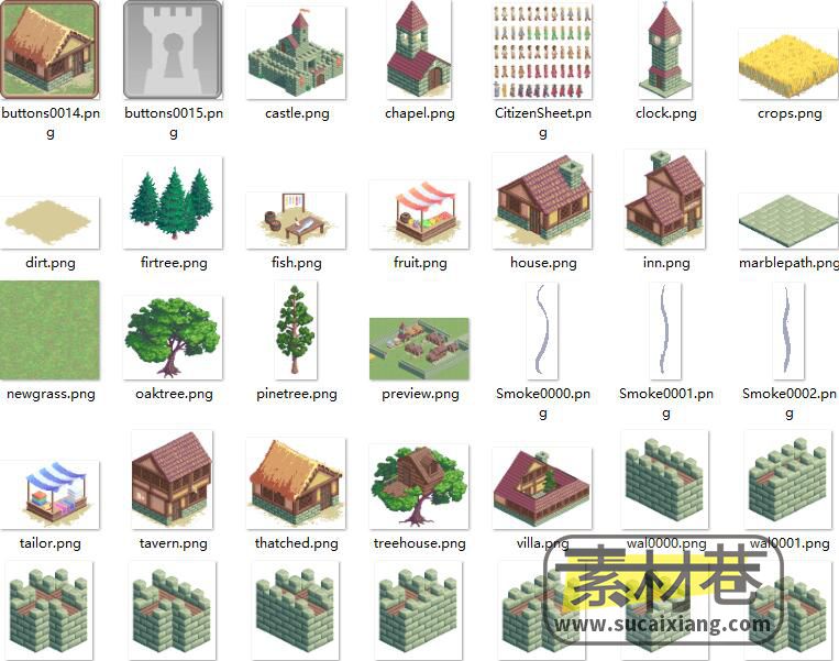 2.5D策略模拟经营类游戏房屋树木人物素材