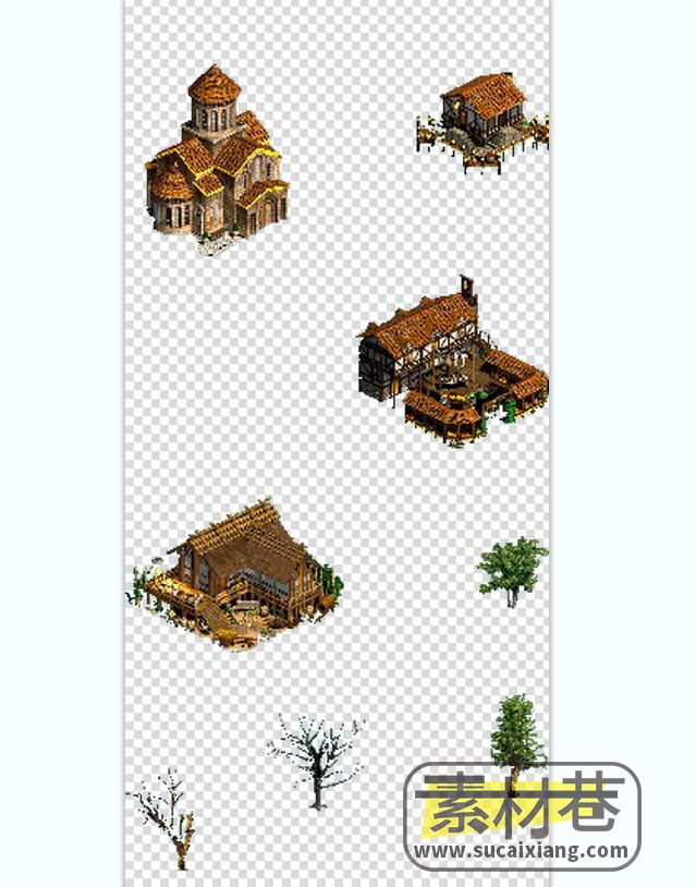 2.5D中世纪房屋建筑树木山峰策略游戏素材