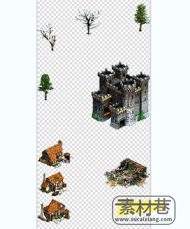 2.5D中世纪房屋建筑树木山峰策略游戏素材