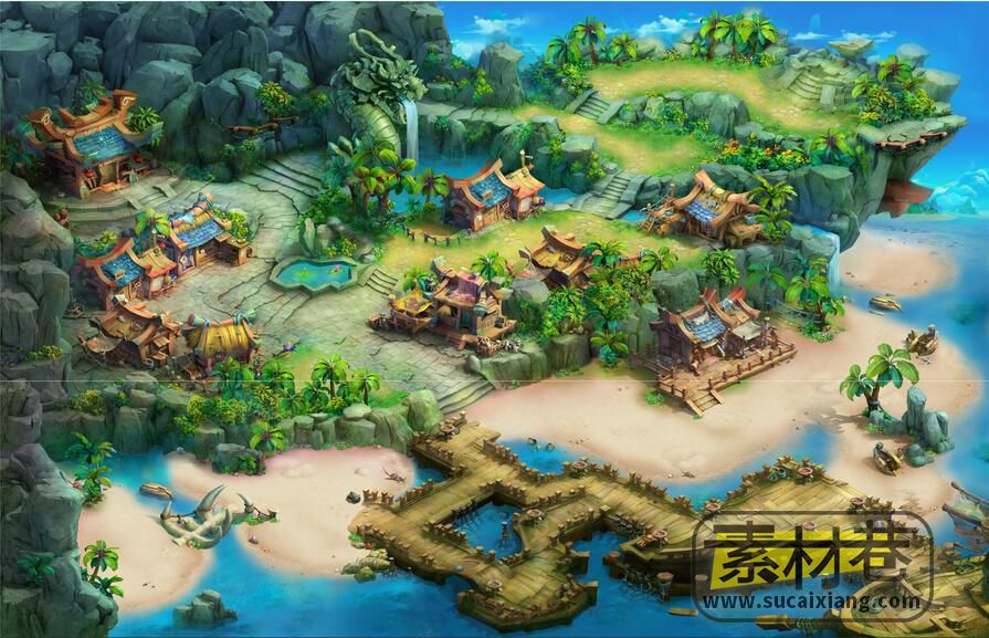 Q版游戏高清海边房屋地图大场景素材