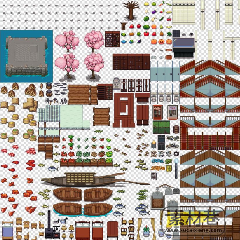 2d像素RPG游戏房屋蔬菜渔船物品素材