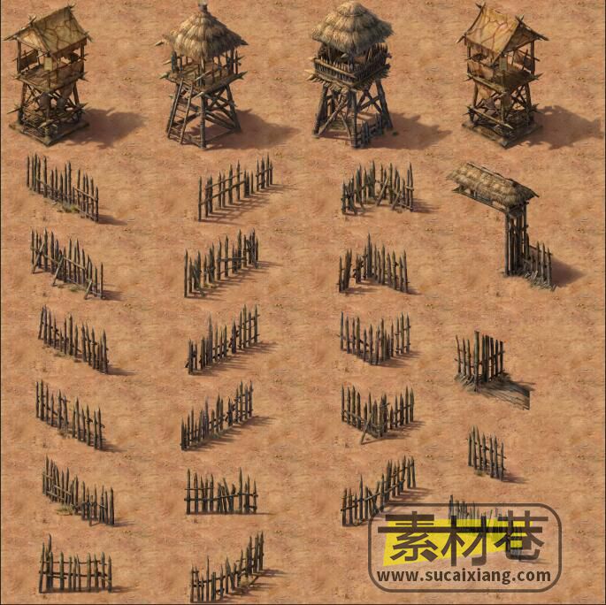 ​2D策略战争游戏军营瞭望塔栅栏素材