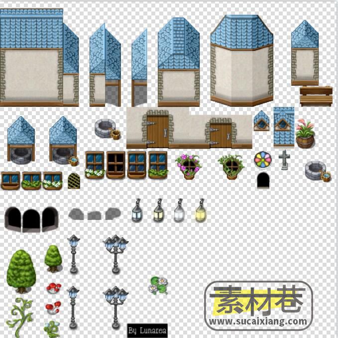 2DRPG游戏房屋路灯树木花草木船素材