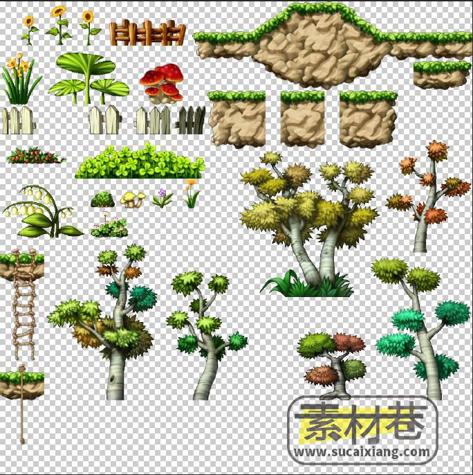 2D横版游戏花草树木山石围栏地面素材
