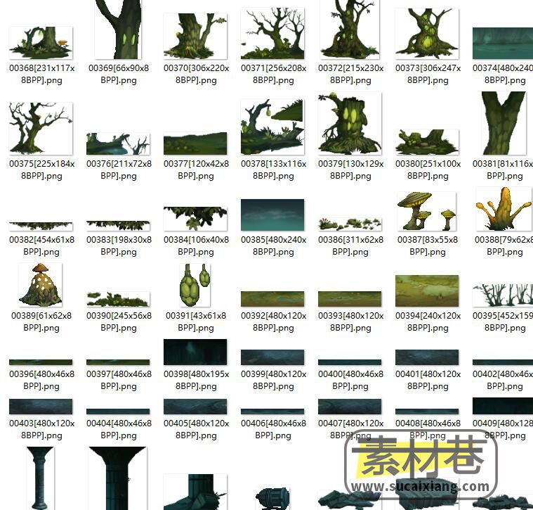 2d暗黑风格游戏树木山石场景组件素材