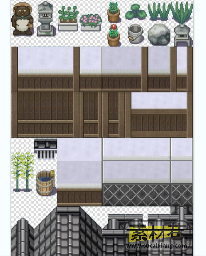 2dRPG游戏房屋瓦片花草盆景素材