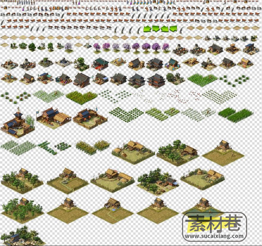 2.5D角色扮演或策略游戏房屋建筑农田动物树木素材