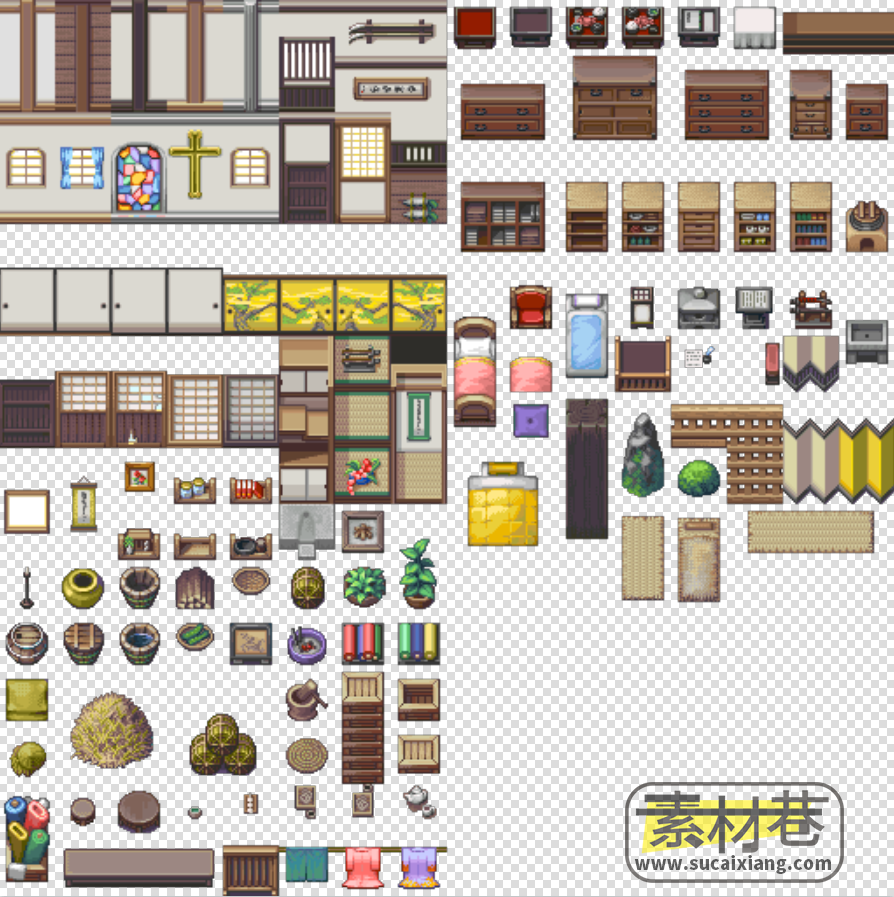 RPG游戏物品道具房屋建筑树木家具游戏素材