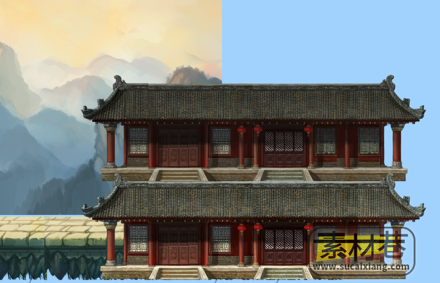 2D横版武侠游戏古建筑与香炉素材