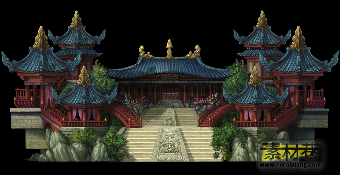 2D横版古代宫殿建筑游戏素材
