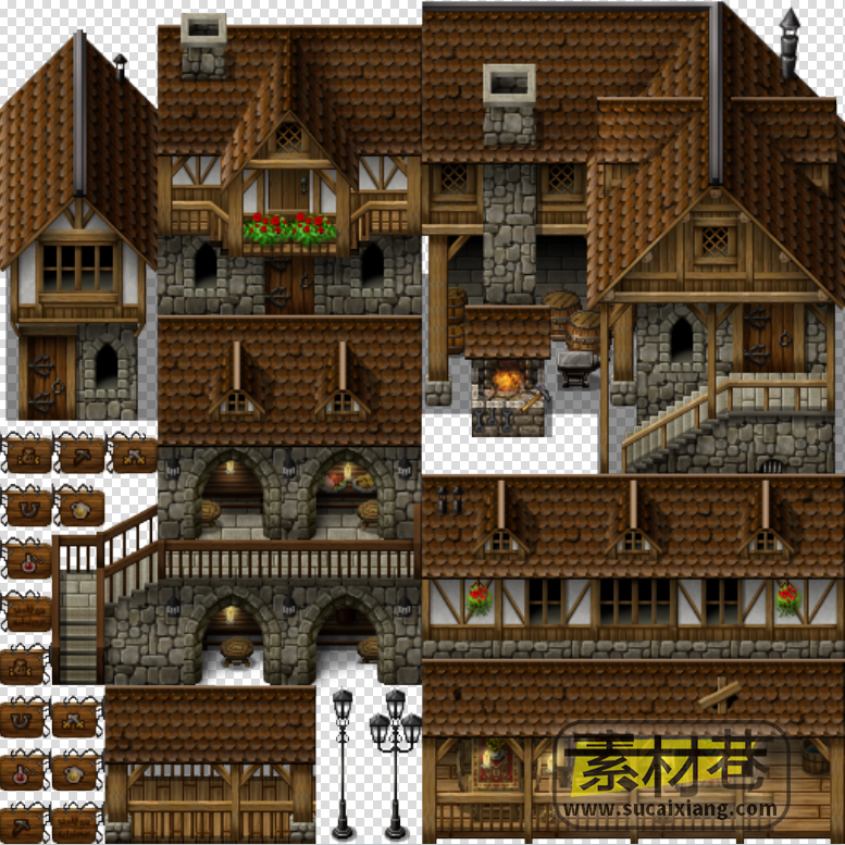 2d西方中世纪房屋建筑门窗道具游戏素材