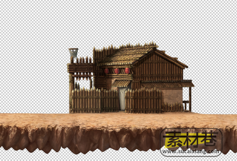 2D古代木瞭望塔木栏帐篷木楼游戏素材