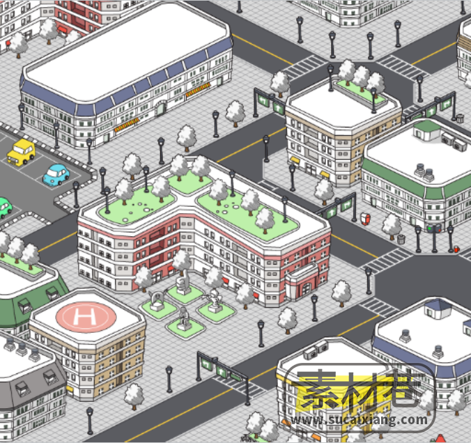 2D简洁风现代都市村庄街道地图道具建筑设施游戏素材