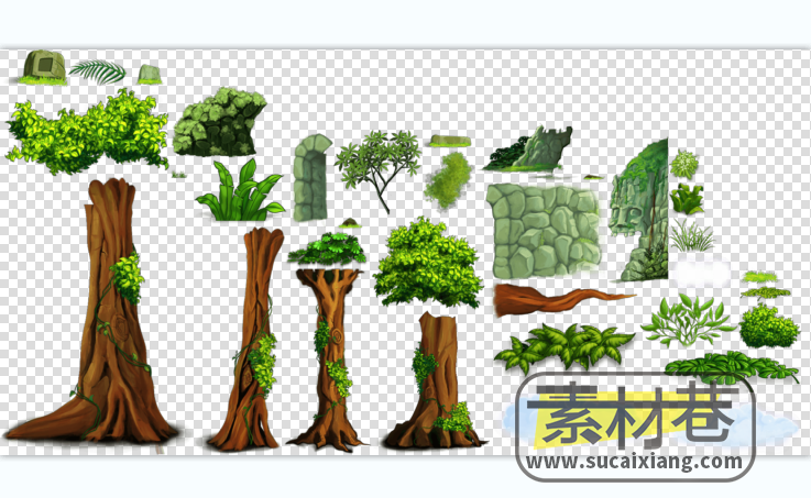 2D横版探险游戏山石沙漠树木雕像古迹素材