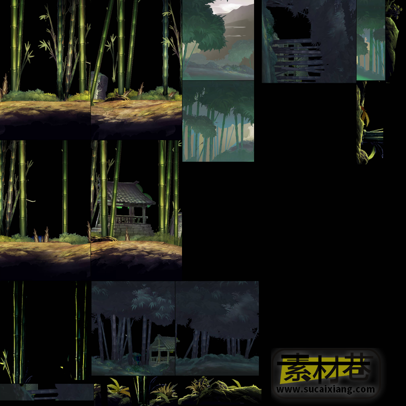 2D武侠横版游戏树木建筑野草贴图素材